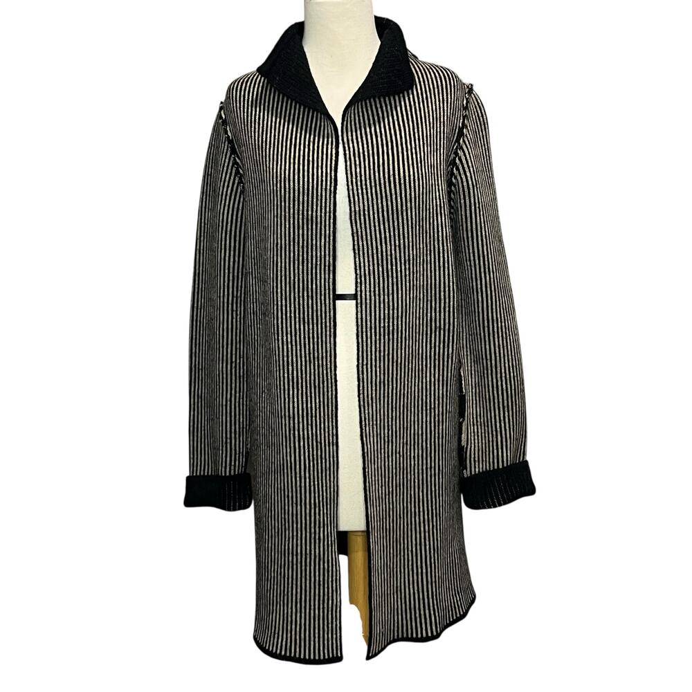 Cocogio Cardigan Sweater M Black‎ Tan Striped Wool Blend Cozy Coatigan Italy